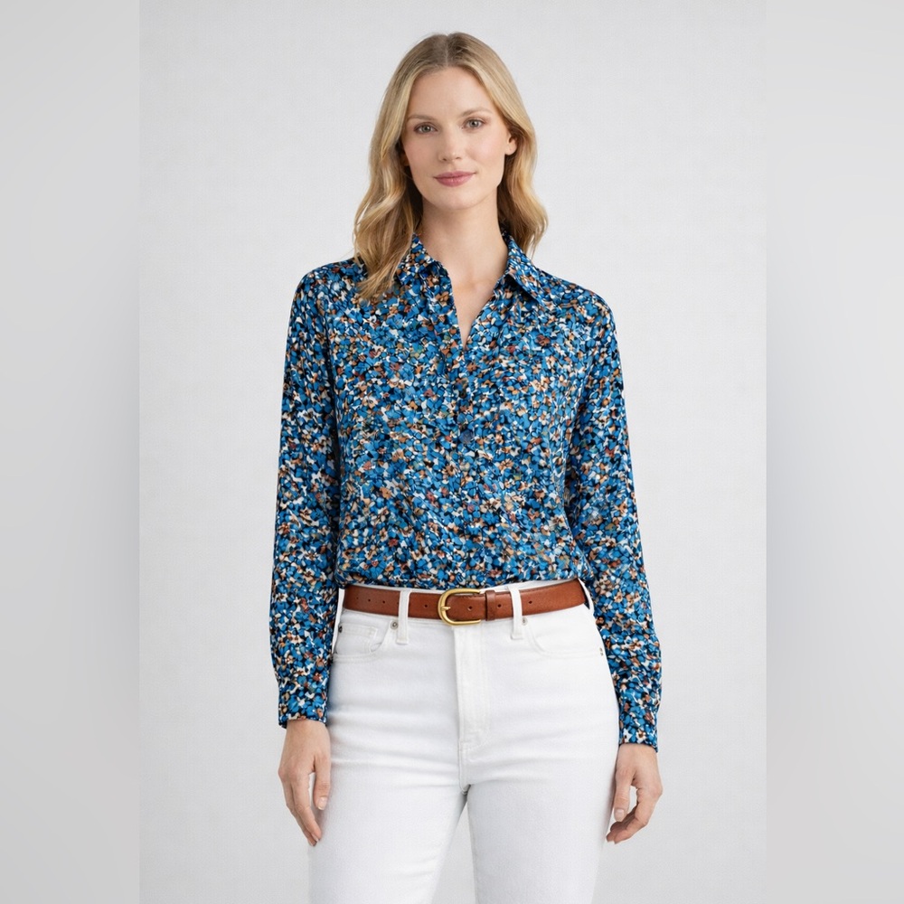 Ann Taylor Multi-Color Abstract Floral Long-sleeve Blouse in a size small